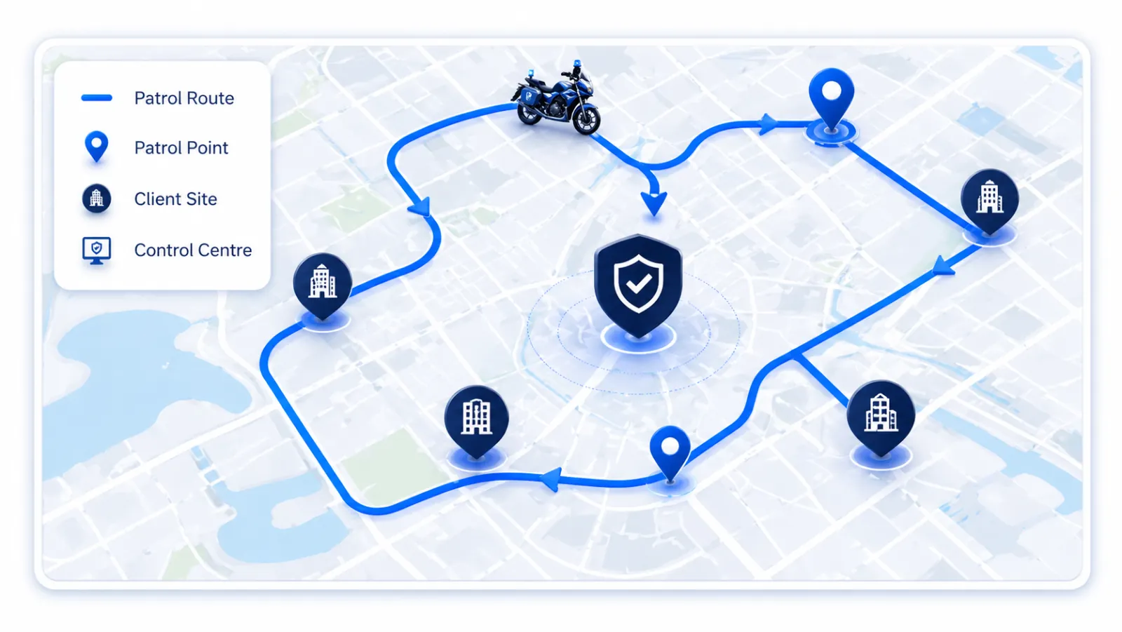 Sentinel Patrol route map showing patrol points, client sites and control centre
