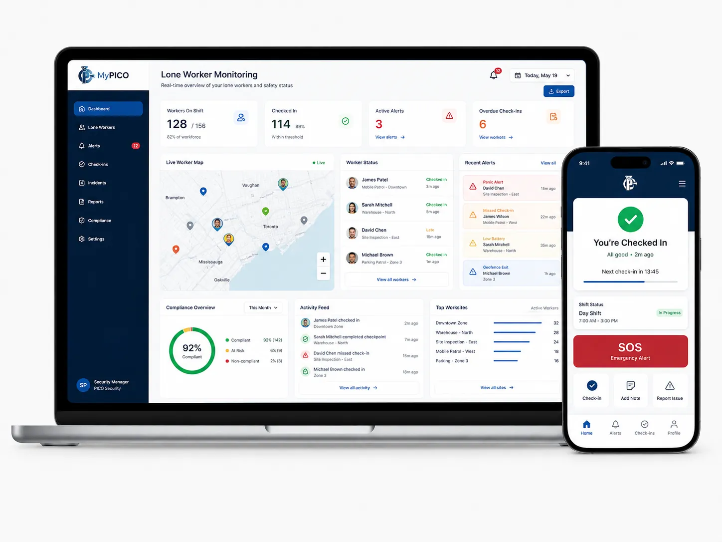 Lone worker app dashboard with live tracking and SOS controls