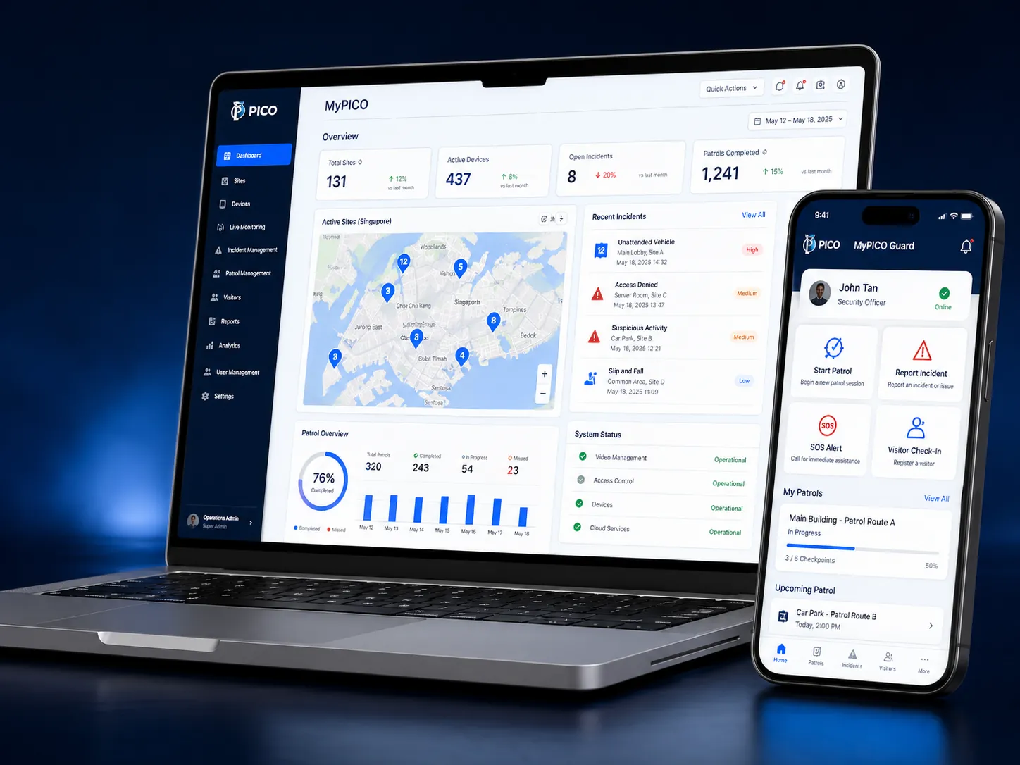 MyPICO web command centre on laptop with Guard App on mobile